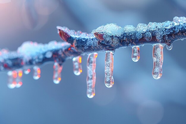 Photo frozen icicles hanging from a branch