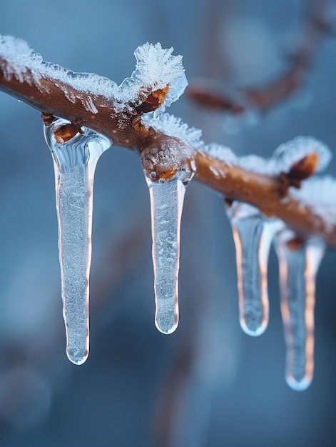 Photo frozen icicles hanging from a branch