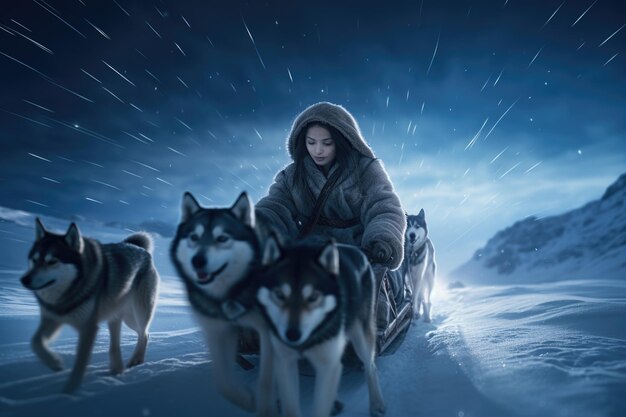 Frozen journey person with sled of dogs traverses snowy antarctica an epic adventure through icy