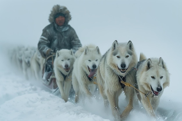 写真 雪に覆われた南極を犬のスレードで旅する人 冷凍の風景を横断する壮大な冒険 忠実な犬の仲間と 遠く離れた原始の荒野を探索する