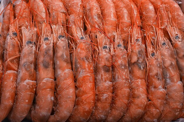 frozen king prawns, macro background seafood, fresh red prawns