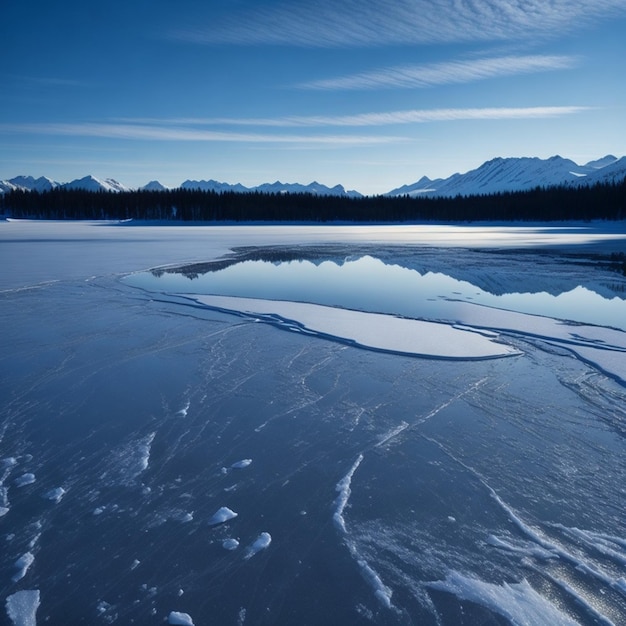 A frozen lake its surface shimmering in the winter sun