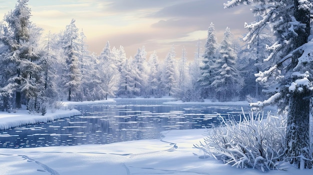 Frozen lake in a snowy forest Winter snow ice spruce pine white tones landscape clear and blue sky caps on the branches Tranquility beauty and grandeur of nature concept Generative by AI