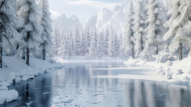 Frozen lake in a snowy forest Winter snow ice spruce pine white tones landscape clear and blue sky mountain background Tranquility beauty and grandeur of nature concept Generative by AI