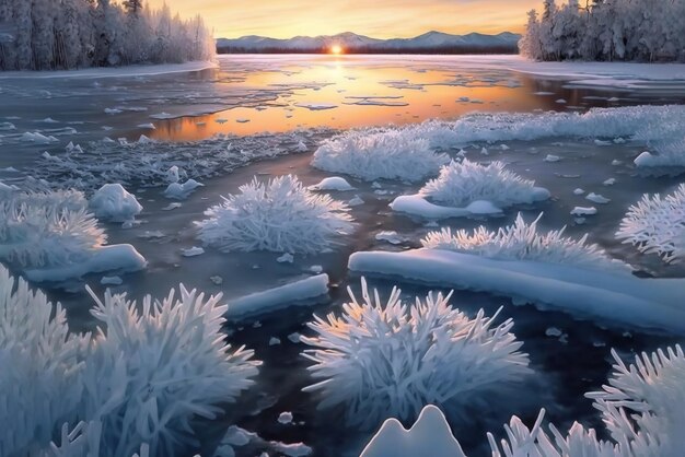 日没時の凍った湖