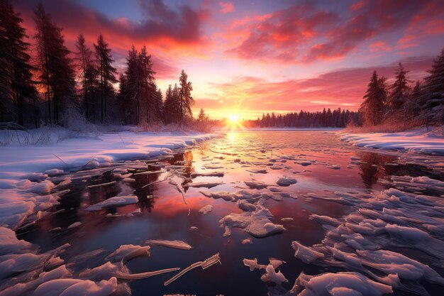 Фото Замороженное озеро закат генеративный ии