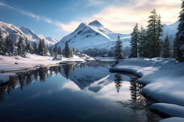 Frozen lake surrounded by snowcapped mountains and pine trees created with generative ai