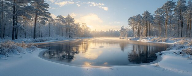 Photo a frozen lake surrounded by snowcovered pines wallpaper