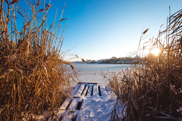 Frozen lake at winter. Early morning light.