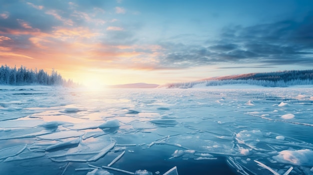 Frozen lake at winter sunrise with empty space for text