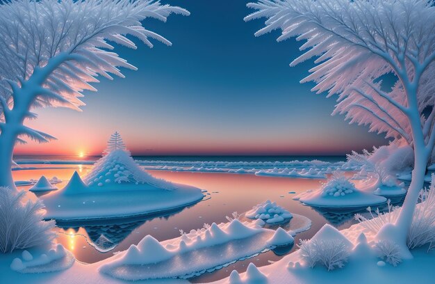 A frozen lake with ice and a sunset in the background