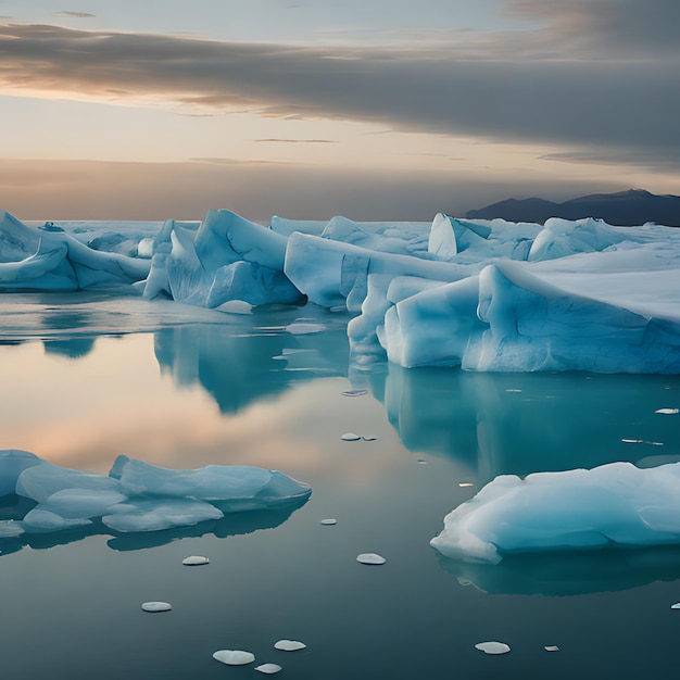 a frozen lake with icebergs and mountains in the background