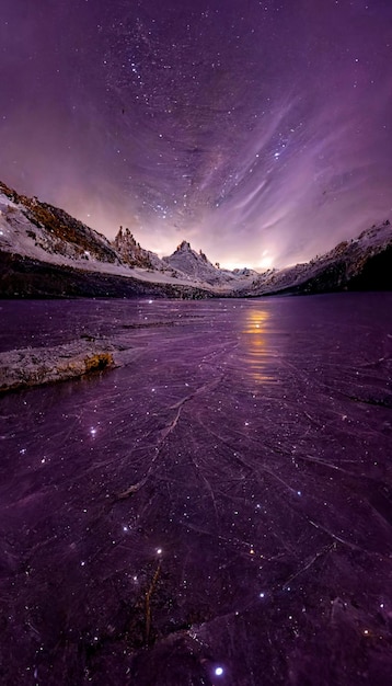 Frozen lake with a mountain in the background generative ai