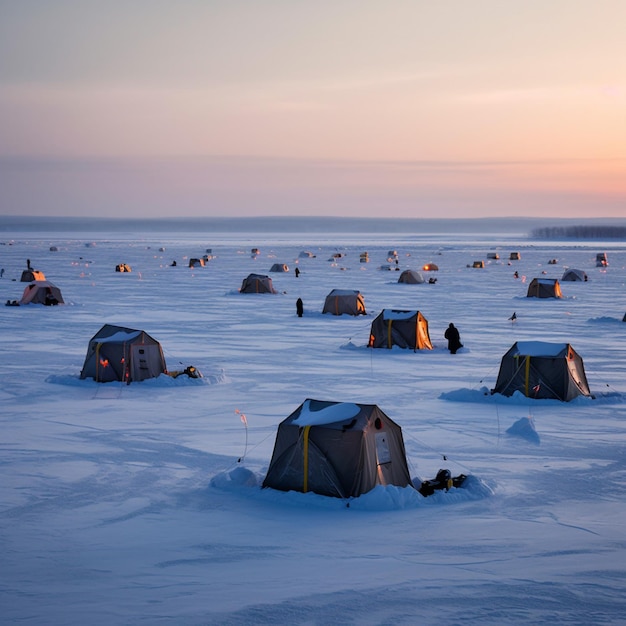 A frozen lake with people on it and a tent in the middle of it.