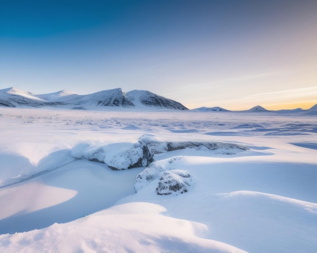 A frozen landscape with mountains in the background