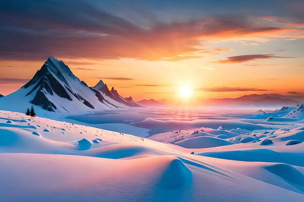 A frozen landscape with a sunset in the background