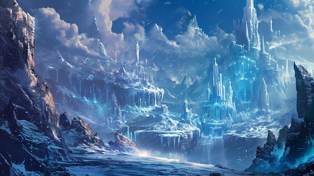 A frozen landscape with towering ice castles Generative Ai