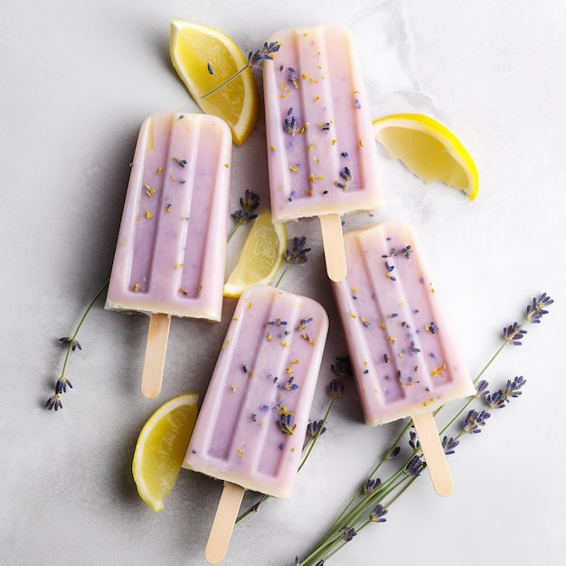 Frozen lavender popsicles isolated on white background