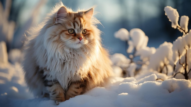 Frozen little cat in winter snow