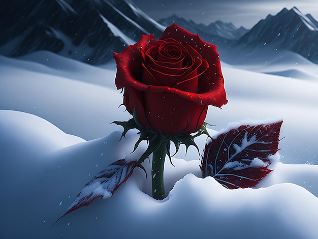 Frozen magic red rose in the snow romantic background ai generation