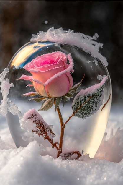 Frozen magic red rose in the snow romantic background