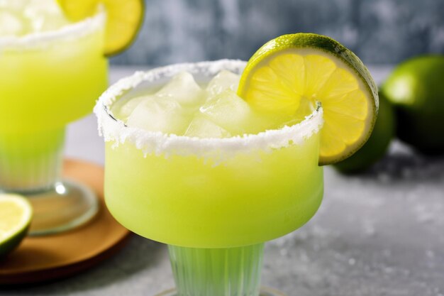 A frozen margarita drink with a slice of lime