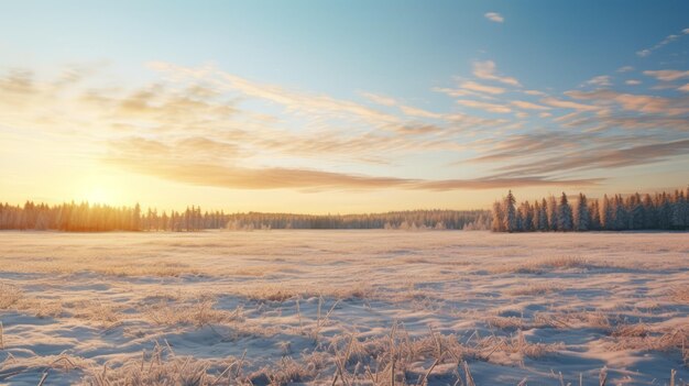 Photo frozen meadow at sunrise a stunning winter landscape in rural finland