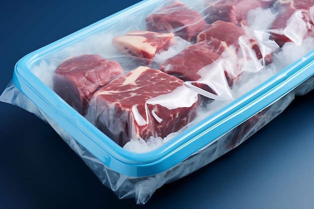 Замороженное мясо и мясные замороженные продукты в пластиковой упаковке в морозильнике