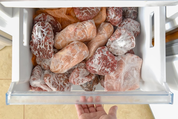 Photo frozen meat in plastic wrap or cling film in the freezer