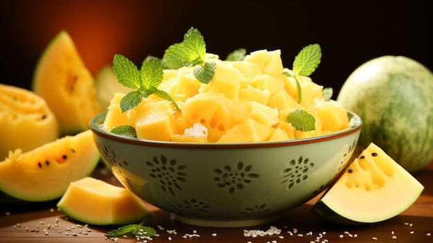 Frozen melon in a bowl on a yellow