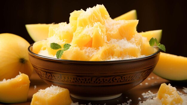 Frozen melon in a bowl on a yellow