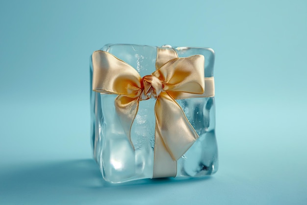 사진 냉동 녹는 얼음 큐브 선물 황금 리본으로 포장 된 선물 얼음 튜브 행복한 사지 마세요 하루 축하 카드 봄 판매 및 쇼핑 개념 나쁜 선물 선물 인증서 아이디어