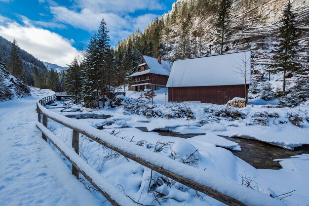 Frozen mountain river and wooden cottage in winter Tatra Mountains Poland