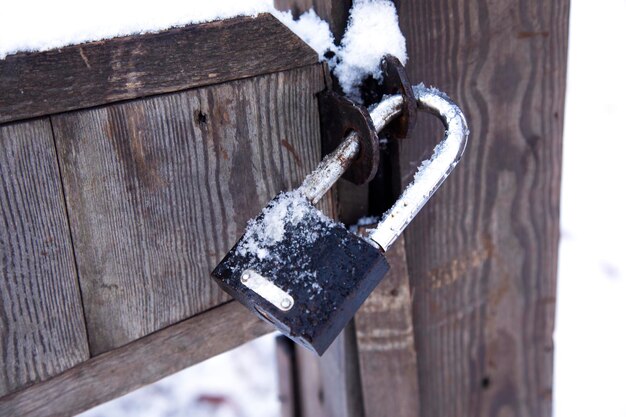 Frozen padlock in the nature