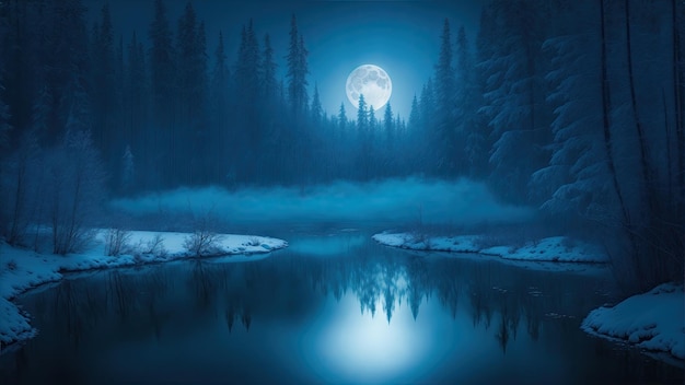 Frozen pond in the forest night with moon