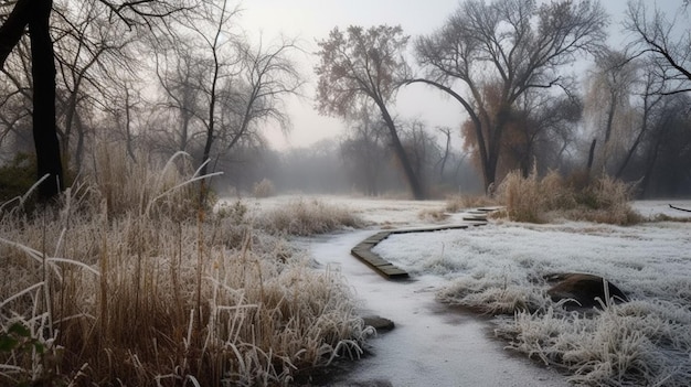 A frozen pond in winter with a frozen pond in the foreground.