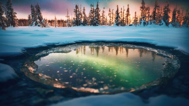 A frozen pond with the aurora in the background.