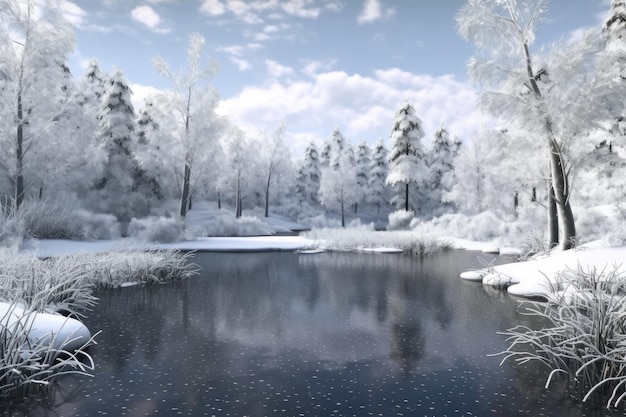 A frozen pond with snow on the ground and trees in the background