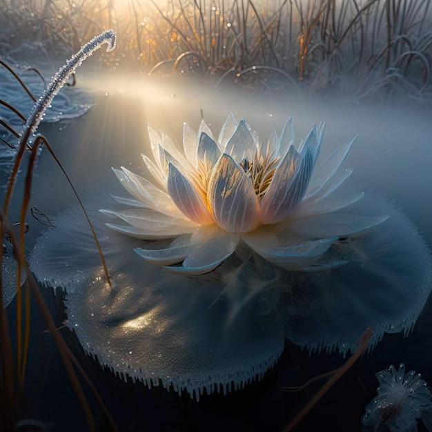 A frozen pond with a water lily in the middle of it