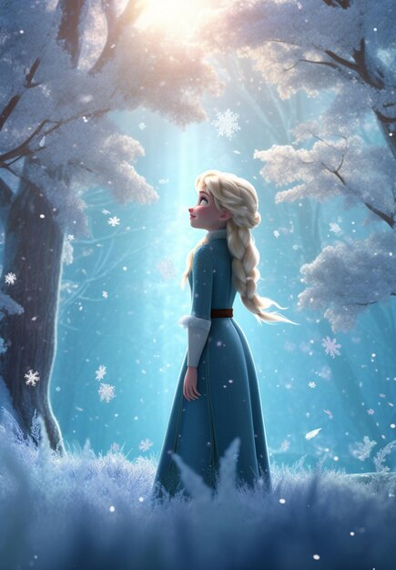 frozen princess standing in a snowy forest with trees and snow flakes generative ai