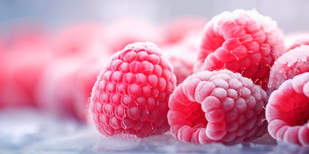 Frozen raspberries close up berry background with copy space ai generated