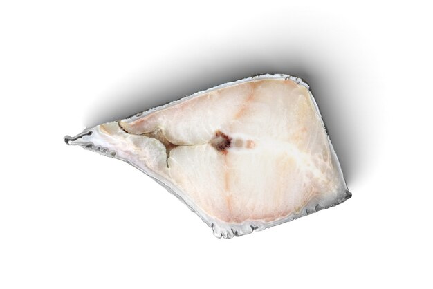 Frozen raw fish steak isolated on white background.