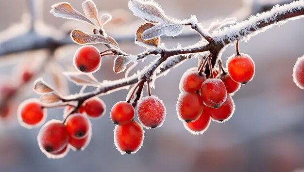 写真 frozen red berries on a branch with frost