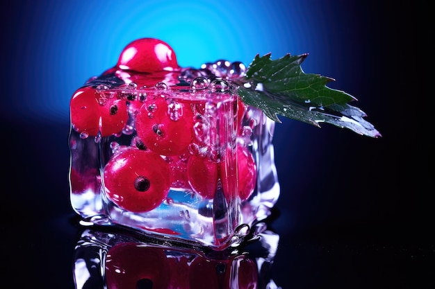 Frozen red ribes in an ice club on a neon background