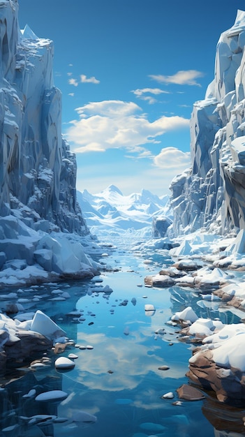 a frozen river in a blue world with icebergs and snow covered mountains.