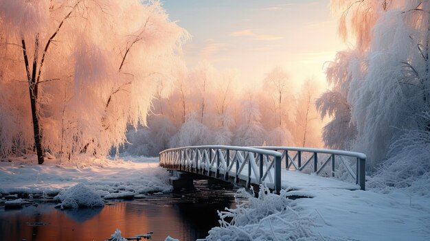 夕暮れ時の凍った川の橋と曇った木々