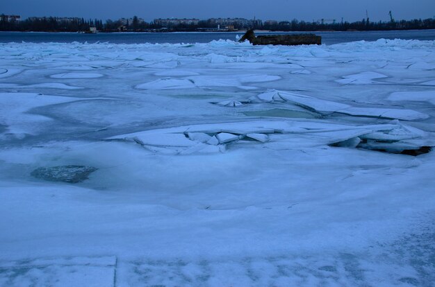 Frozen river Dnieper in city Kremenchug, Ukraine