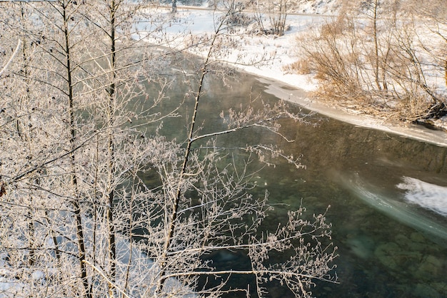 A frozen river flows near the trees in the snow on a cold winter day