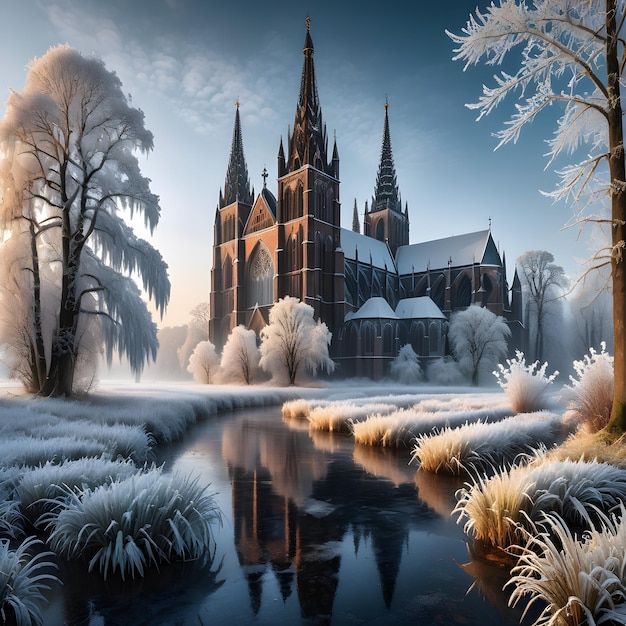 Photo the frozen river runs through an incredible frostcovered gothic cathedral trees and grasses it i