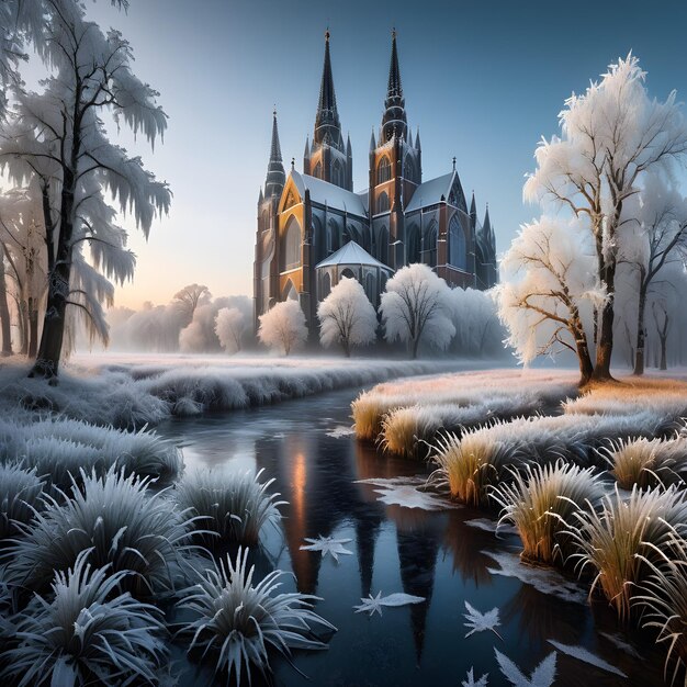 Photo the frozen river runs through an incredible frostcovered gothic cathedral trees and grasses it i